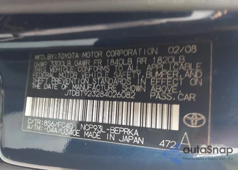 2008 Toyota Yaris z USA, uszkodzony, nr VIN JTDBT923284026082